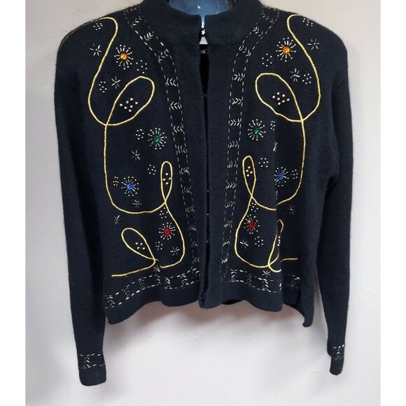 Pierre Cardin Womens Medium Angora Silk Beaded Knit Crop Cardigan Sweater Black - Picture 1 of 7